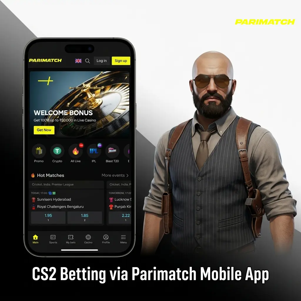 Parimatch mobile app showing CS2 betting odds and live matches for Indian bettors on Android and iOS