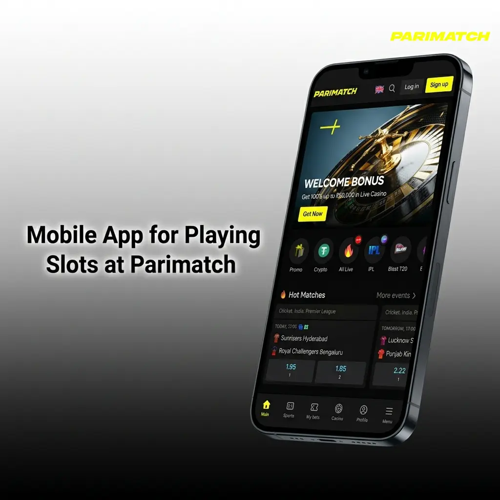 Parimatch mobile app showing slot machine lobby with touch-optimised interface on Android and iOS devices