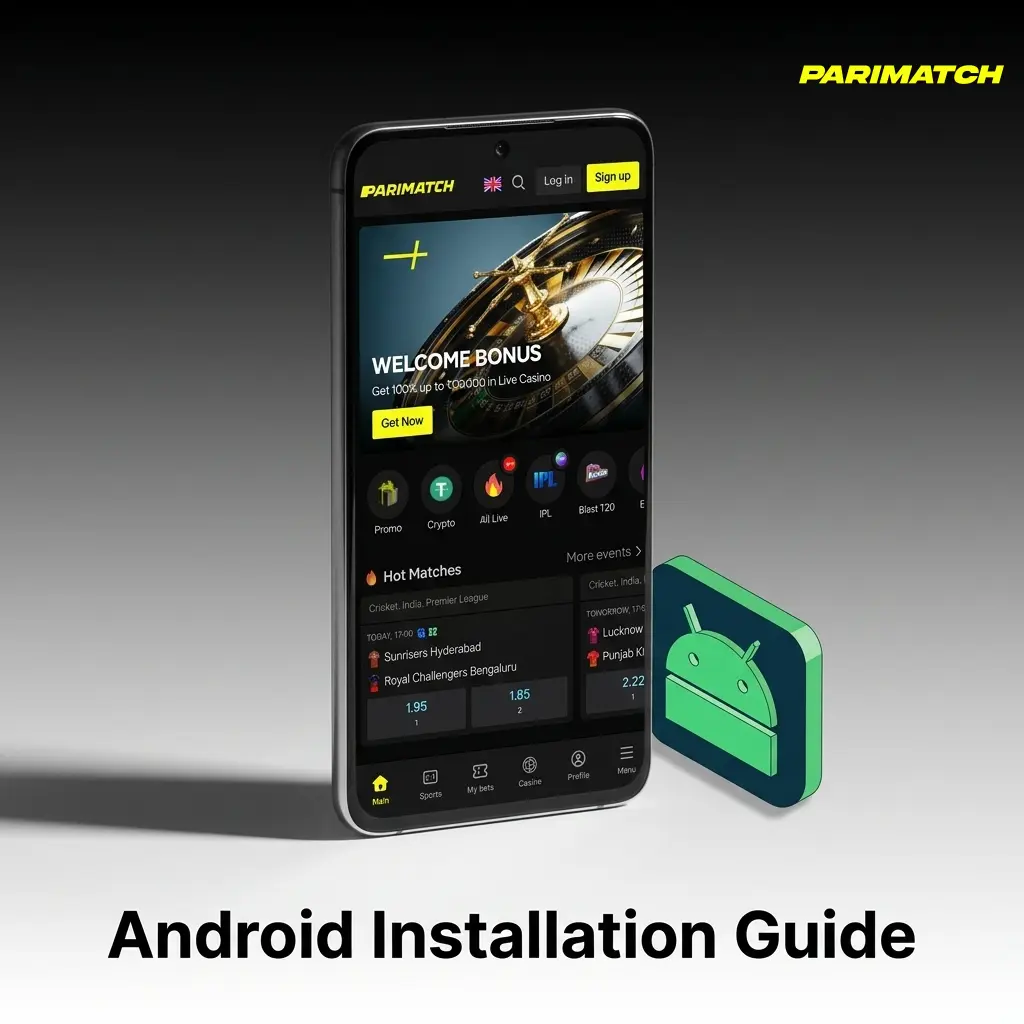 Step-by-step Android APK installation guide for Parimatch app, showing settings and download process on Android device