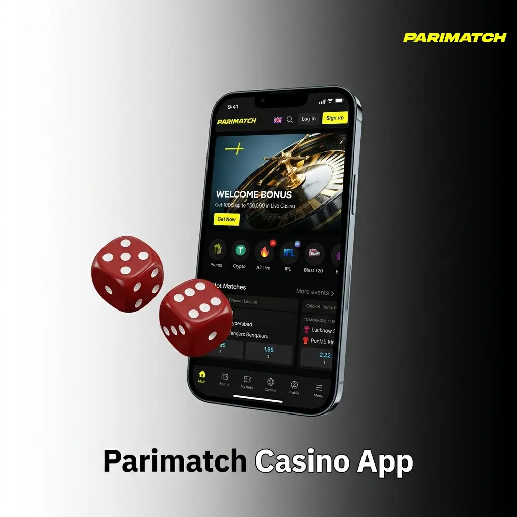 Parimatch casino app interface showing slots, live dealer games, Teen Patti, and promotions on mobile screen
