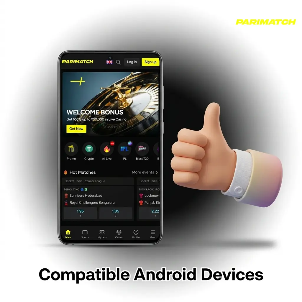 List of compatible Android devices for Parimatch app including Samsung, Redmi, Realme, OnePlus, Vivo, OPPO, Poco, iQOO
