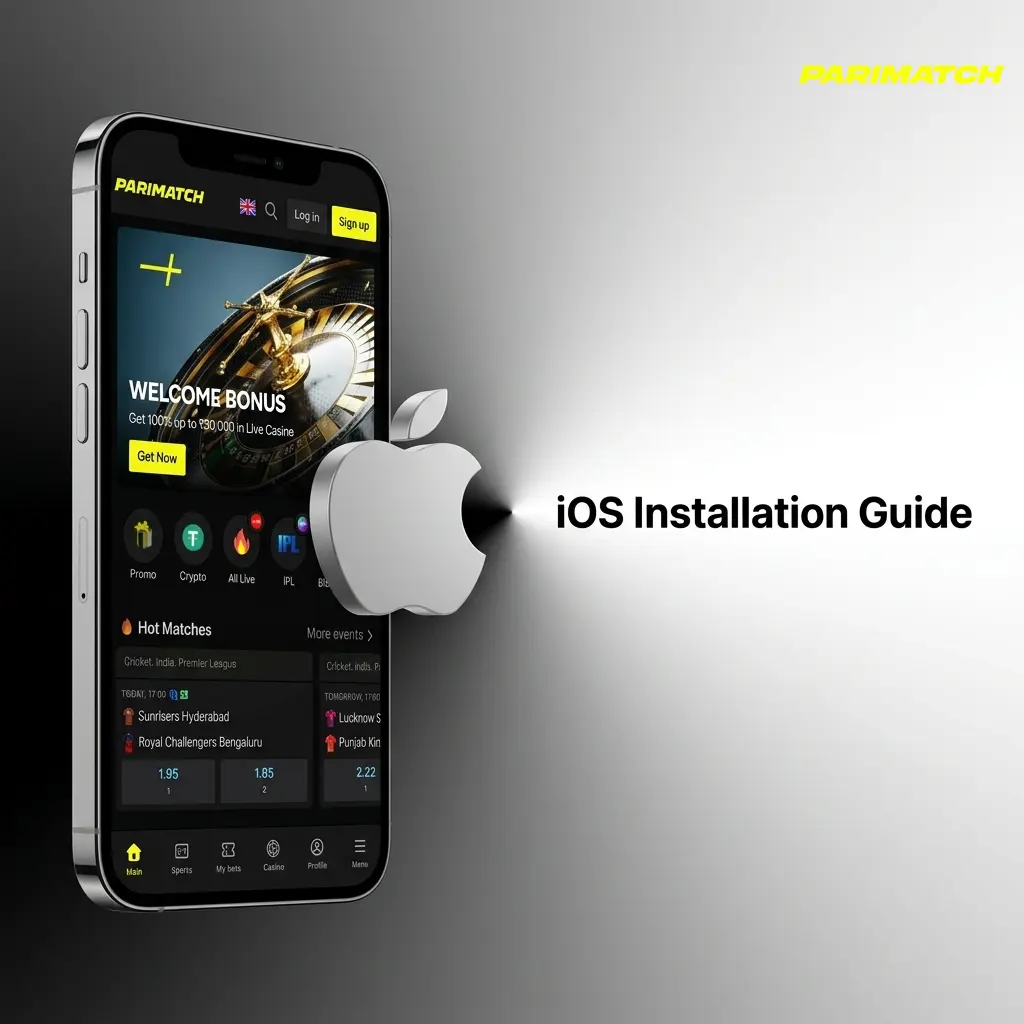 Parimatch iOS PWA installation guide showing Safari Share menu steps to add the app to iPhone home screen