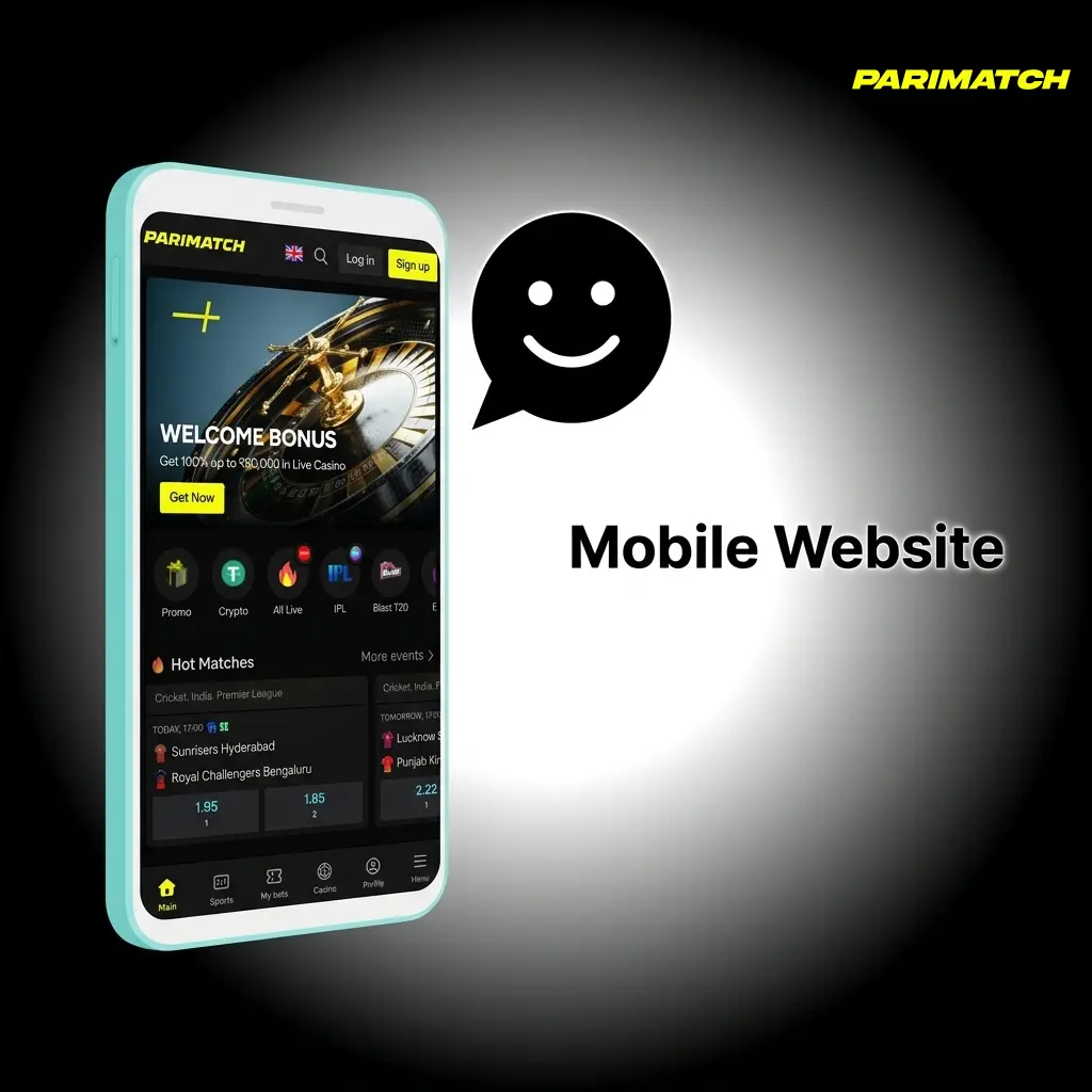 Parimatch mobile website interface on smartphone browser showing sports betting and casino games optimised for touch
