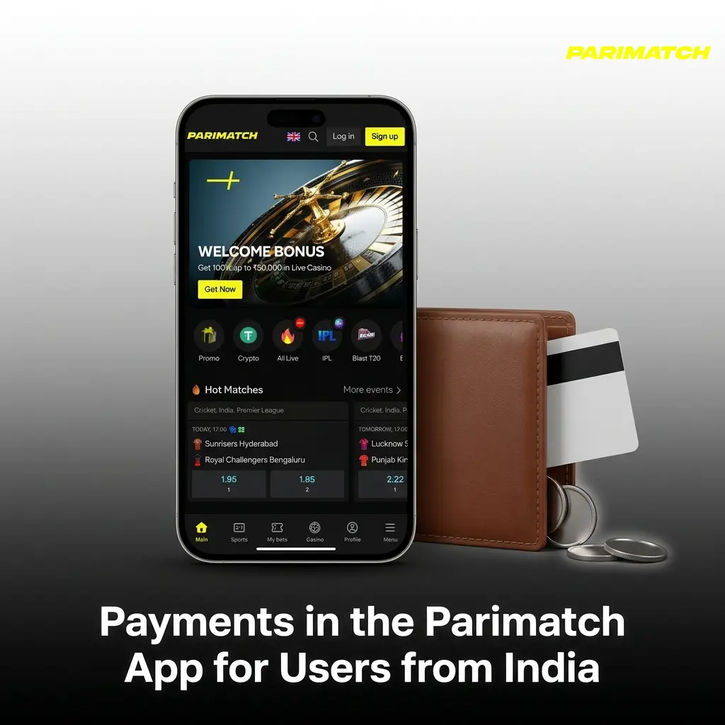 Parimatch app payment methods for India including UPI, PhonePe, PayTM, and USDT options with INR deposit and withdrawal details