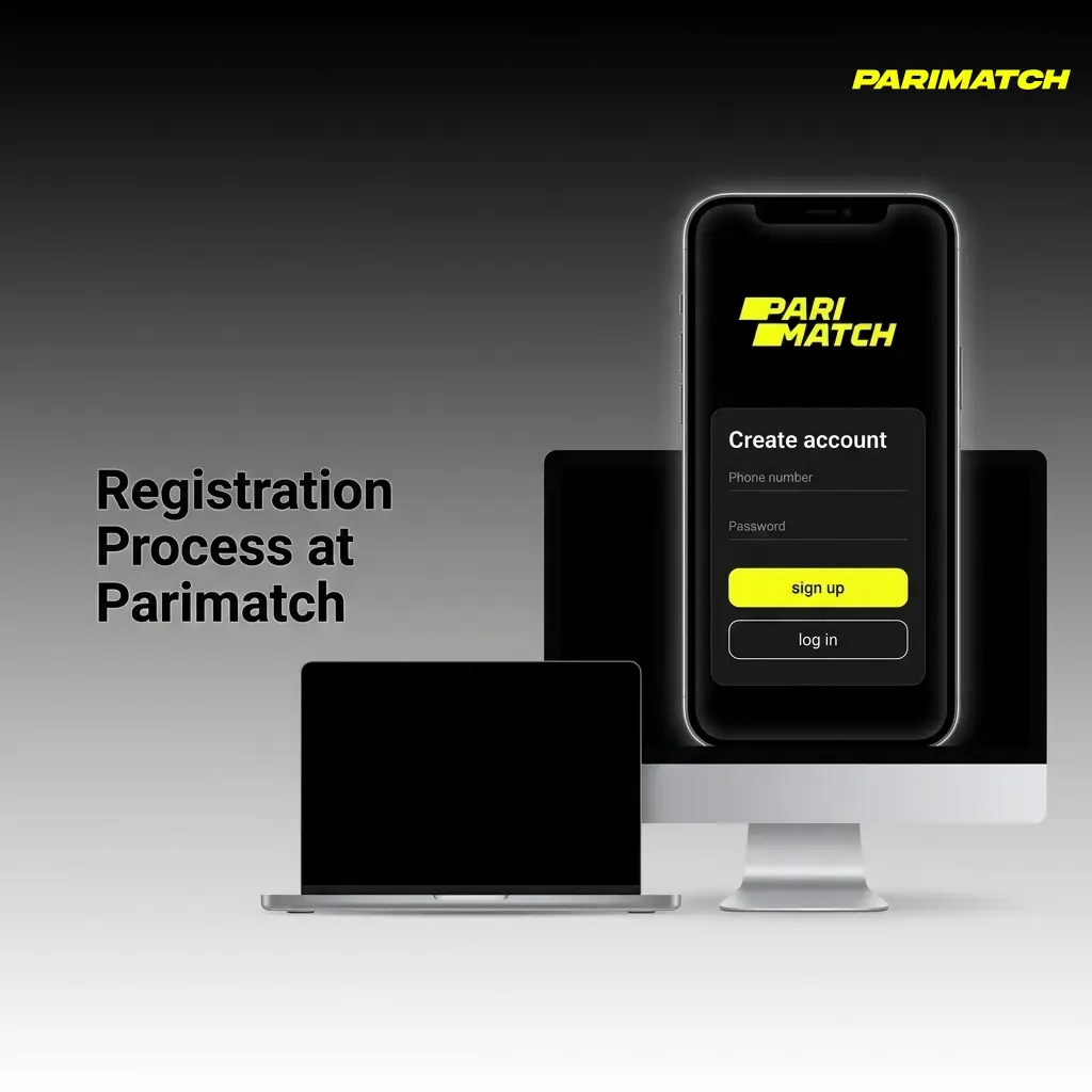 Step-by-step Parimatch registration process showing sign-up form, currency selection, and account verification steps