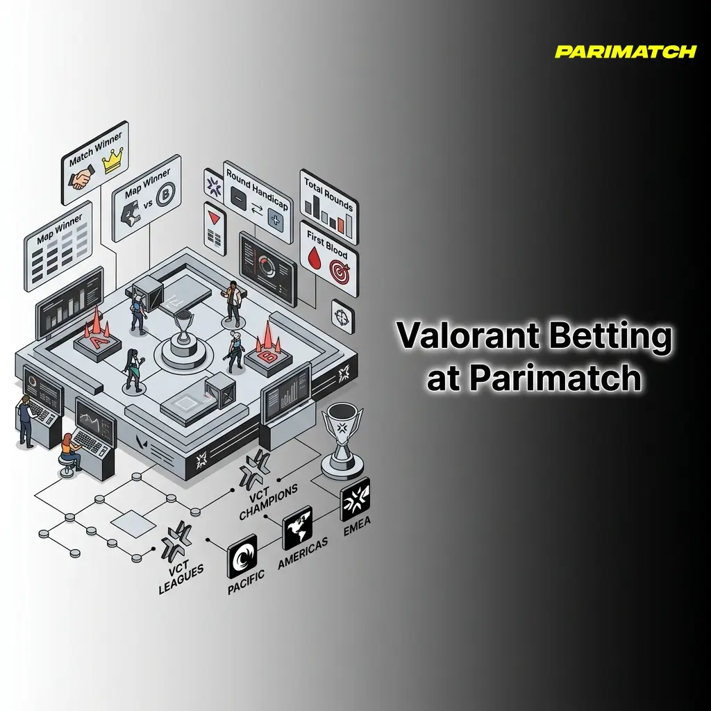 Valorant betting at Parimatch covering VCT Champions, Masters, and league markets including match winner and round handicap