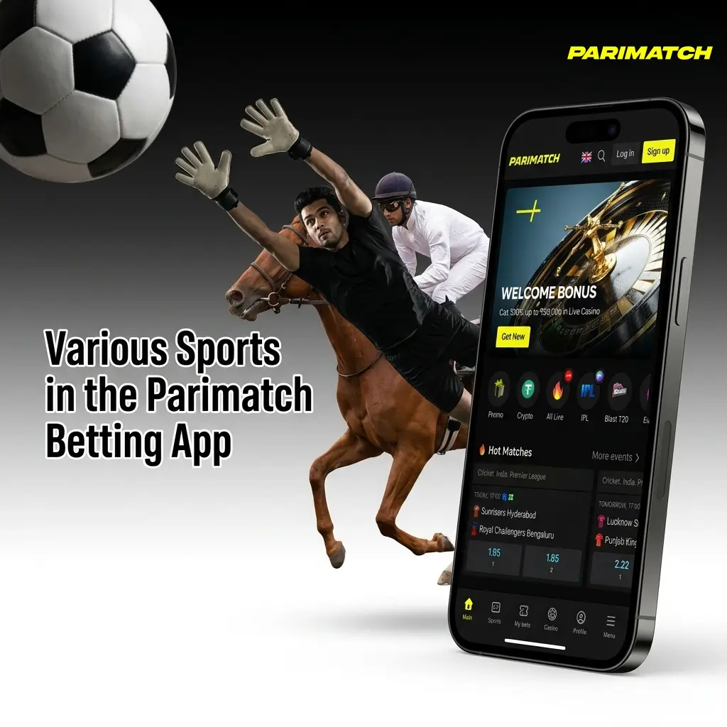 Parimatch betting app sports selection showing cricket football kabaddi tennis basketball and esports disciplines