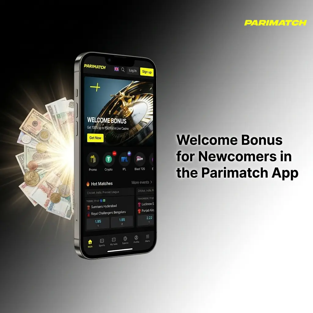 Parimatch app welcome bonuses showing sports, live casino, and slots offers up to ₹1,05,000 INR for new users