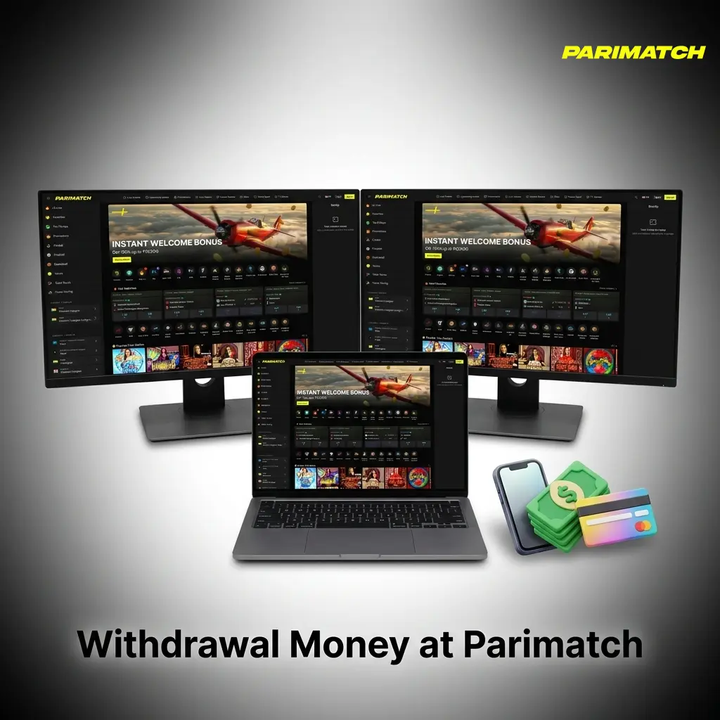 Parimatch withdrawal process showing cashier section with UPI, PhonePe, and bank transfer options