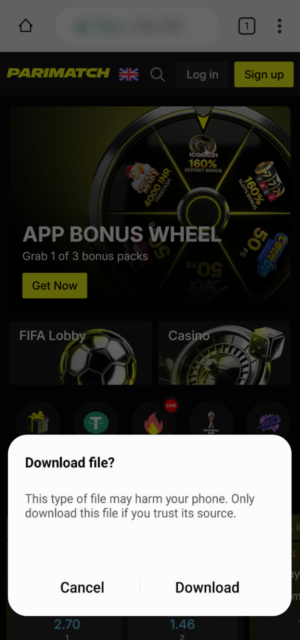 Click the browser confirmation notification window to download Parimatch Android App.