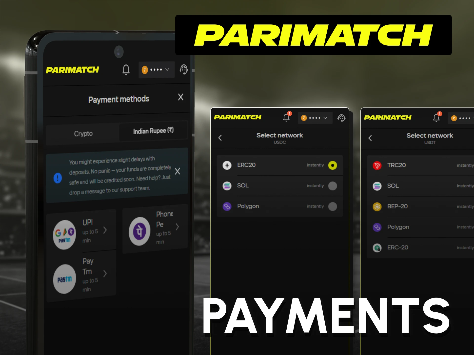 Deposit funds using secure Indian payment methods inside the Parimatch App.