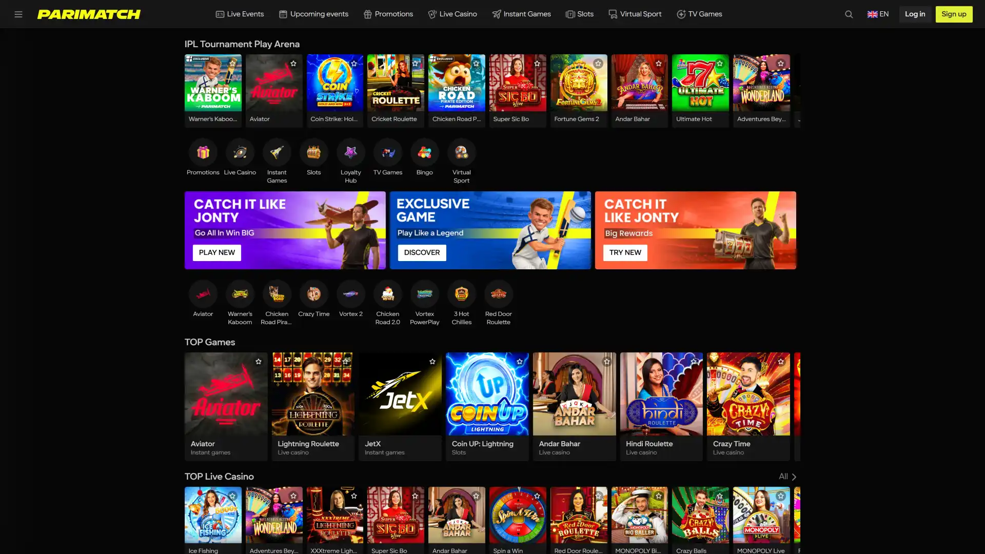Explore the colorful interface casino games lounge at Parimatch India.