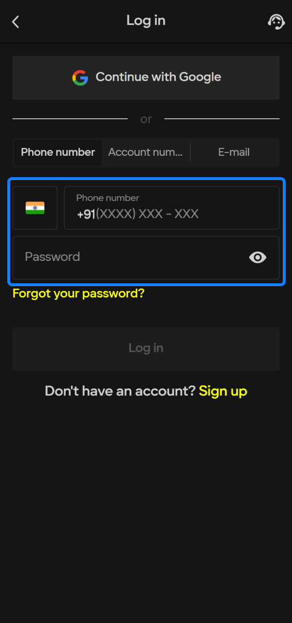 Type your registered personal password details into the Parimatch login fields.