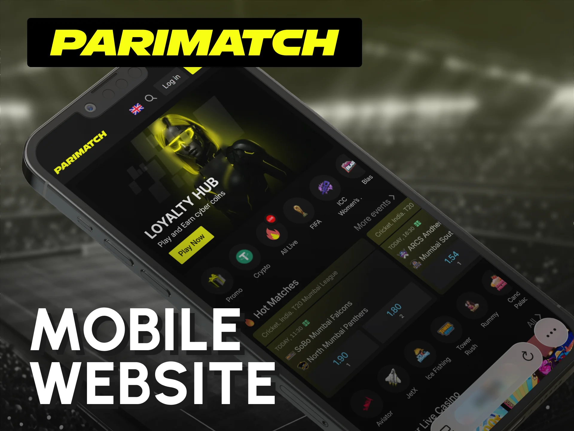 Access the adaptive mobile website version of the Parimatch India homepage.
