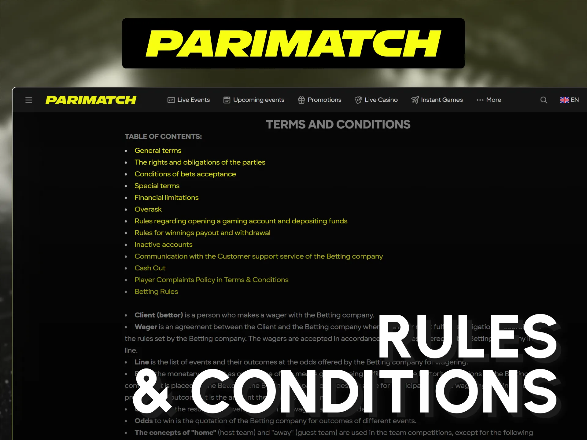 Read through the legal terms and platform conditions on Parimatch India.