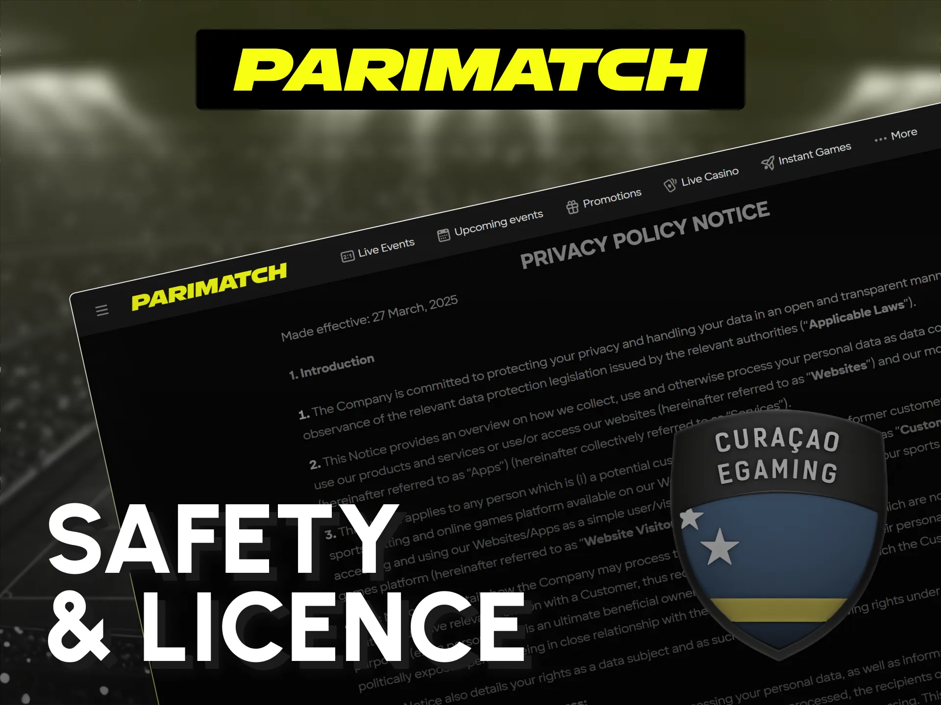 Review the secure gaming license active on Parimatch India homepage.