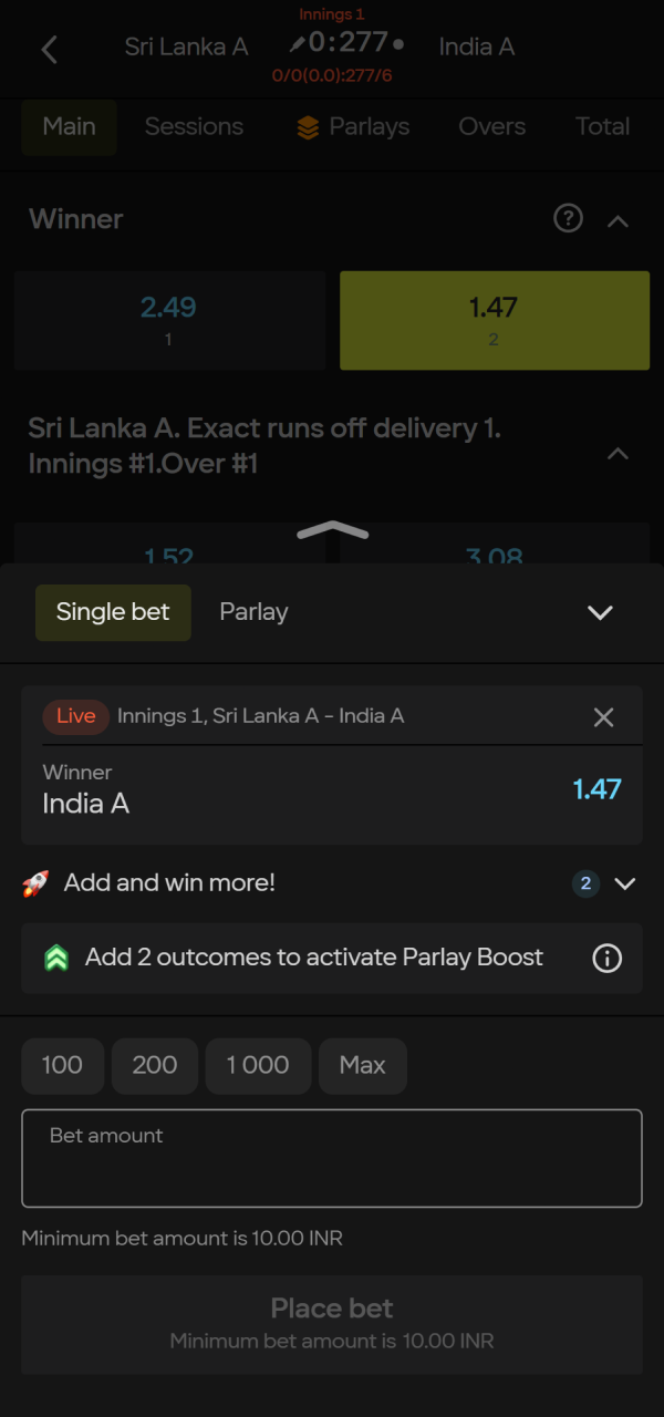 Click the final button to lock in your Parimatch live bet.